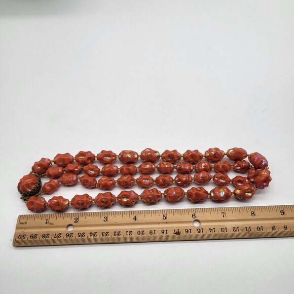 Vintage Austria Iridescent Molded Lumpy Coral Color Bead Necklace - Picture 8 of 12